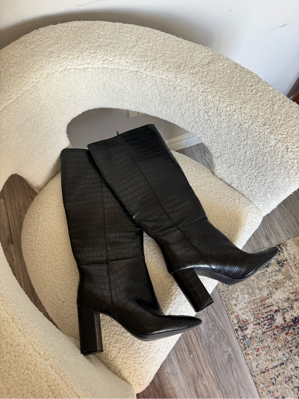 Black Croc-Embossed Knee High Boots - Women